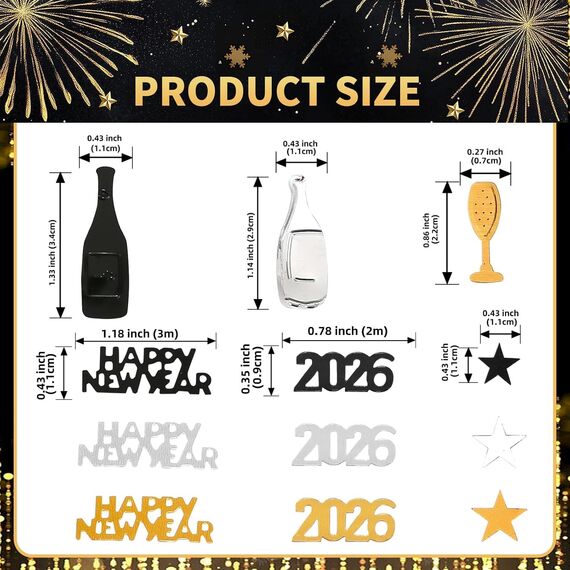 BURGEON Silvester Deko 2026 Konfetti Gold Schwarz, Streudeko Happy New Year Deko, Konfetti für 2026 Neujahr, Glitzer Tischdeko Party Dekoration für Neujahr Karneval Party