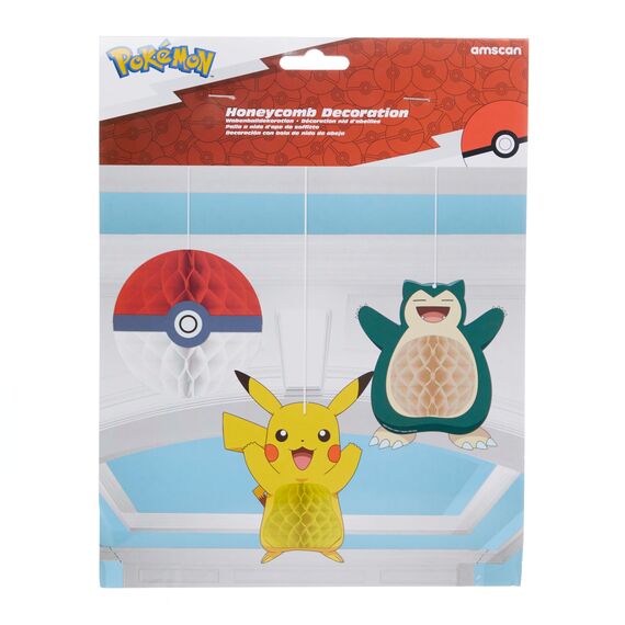 Amscan 9917119 - Pokémon Kinder-Geburtstagsparty, Pokeball, Pikachu, hängende Wabendekorationen, 3 Stück