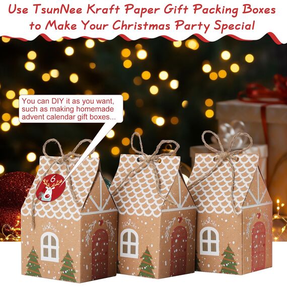 TsunNee 50 Stück Weihnachten Party Geschenkboxen, Kraftpapier Süßigkeitskästen, Mitbringsel Taschen, Papier-Treat-Boxen für Partydekorationen Adventskalender DIY