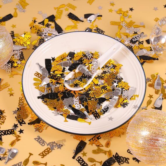 BURGEON Silvester Deko 2026 Konfetti Gold Schwarz, Streudeko Happy New Year Deko, Konfetti für 2026 Neujahr, Glitzer Tischdeko Party Dekoration für Neujahr Karneval Party
