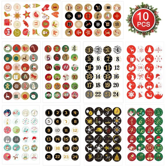 10pcs Aufkleber Weihnachten Adventskalender, Advent Calendar Numbers Stickers, Adventskalender Zahlen, zum Basteln und Dekorieren, Nummern Aufkleber, Geschenkaufkleber Weihnachten