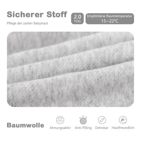 MIKAFEN Schläfsack Baby Langarm Winter kinderSchlafsack 2.0Tog,Hund Muster Baby Schlafsack mit Füßen Baumwolle Junge Mädchen Unisex ganzjahres Schlafanzug, Grauer Welpe,70/Baby Höhe 75-85cm