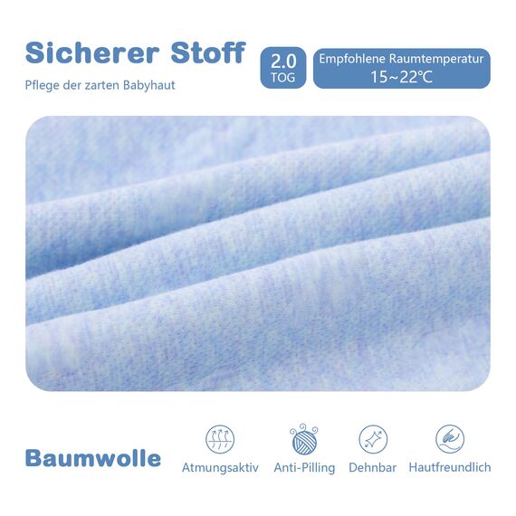 MIKAFEN Schläfsack Baby Langarm Winter kinderSchlafsack 2.0Tog,Hund Muster Baby Schlafsack mit Füßen Baumwolle Junge Mädchen Unisex ganzjahres Schlafanzug, Blauer Welpe,70/Baby Höhe 75-85cm