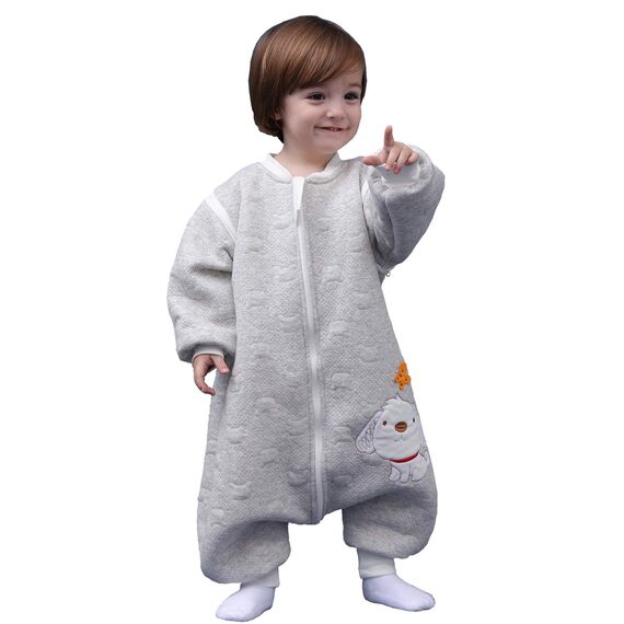 MIKAFEN Schläfsack Baby Langarm Winter kinderSchlafsack 2.0Tog,Hund Muster Baby Schlafsack mit Füßen Baumwolle Junge Mädchen Unisex ganzjahres Schlafanzug, Grauer Welpe,90/Baby Höhe 95-105cm