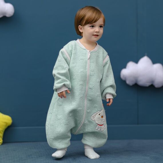 MIKAFEN Baby Schläfsack Langarm mit Füßen 2.0Tog, Baumwolle Junge Mädchen Unisex ganzjahres Schlafanzug, Blauer Welpe,70/Baby Höhe 75-85cm, Grüner Welpe,90/Baby Höhe 95-105cm