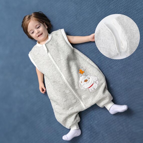 MIKAFEN Schläfsack Baby Langarm Winter kinderSchlafsack 2.0Tog,Hund Muster Baby Schlafsack mit Füßen Baumwolle Junge Mädchen Unisex ganzjahres Schlafanzug, Grauer Welpe,90/Baby Höhe 95-105cm