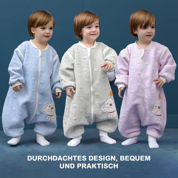 MIKAFEN Schläfsack Baby Langarm Winter kinderSchlafsack 2.0Tog,Hund Muster Baby Schlafsack mit Füßen Baumwolle Junge Mädchen Unisex ganzjahres Schlafanzug, Blauer Welpe,90/Baby Höhe 95-105cm