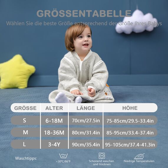 MIKAFEN Schläfsack Baby Langarm Winter kinderSchlafsack 2.0Tog,Hund Muster Baby Schlafsack mit Füßen Baumwolle Junge Mädchen Unisex ganzjahres Schlafanzug, Grauer Welpe,70/Baby Höhe 75-85cm