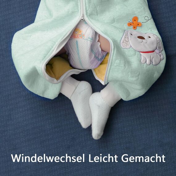 MIKAFEN Baby Schläfsack Langarm mit Füßen 2.0Tog, Baumwolle Junge Mädchen Unisex ganzjahres Schlafanzug, Blauer Welpe,70/Baby Höhe 75-85cm, Grüner Welpe,90/Baby Höhe 95-105cm