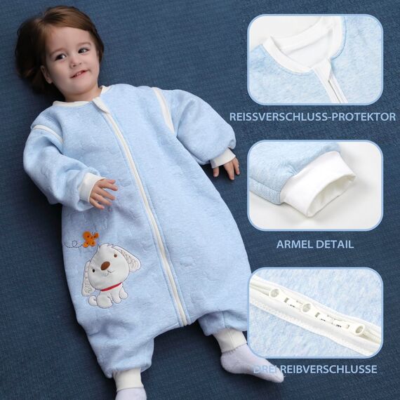 MIKAFEN Schläfsack Baby Langarm Winter kinderSchlafsack 2.0Tog,Hund Muster Baby Schlafsack mit Füßen Baumwolle Junge Mädchen Unisex ganzjahres Schlafanzug, Blauer Welpe,90/Baby Höhe 95-105cm