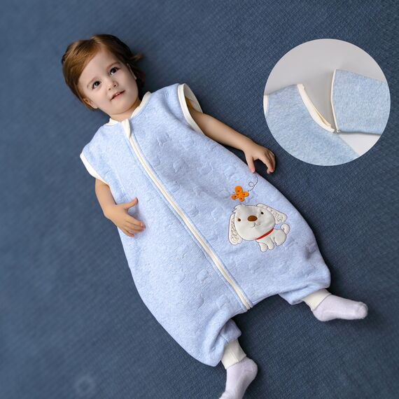MIKAFEN Schläfsack Baby Langarm Winter kinderSchlafsack 2.0Tog,Hund Muster Baby Schlafsack mit Füßen Baumwolle Junge Mädchen Unisex ganzjahres Schlafanzug, Blauer Welpe,70/Baby Höhe 75-85cm