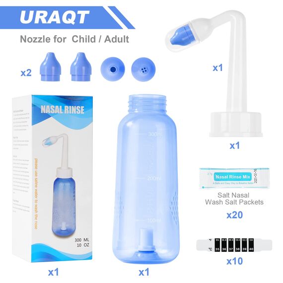 URAQT Nasendusche mit Salz, 300ml Neti Pot Sinus Spülung, mit 20x Salz,10 x Thermometer-Aufkleber, Nasenspülkanne zur Nasenreinigung und Nasenspülung, Nasenspülsalz für Erwachsene und Kinder