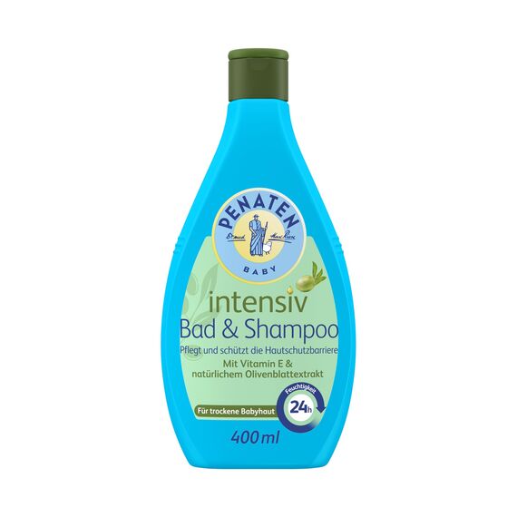 Penaten Intensiv Bad & Shampoo mildes Baby Bad & Baby Shampoo mit Vitamin E & natürlichem Olivenblattextrakt für trockene Babyhaut, 400ml