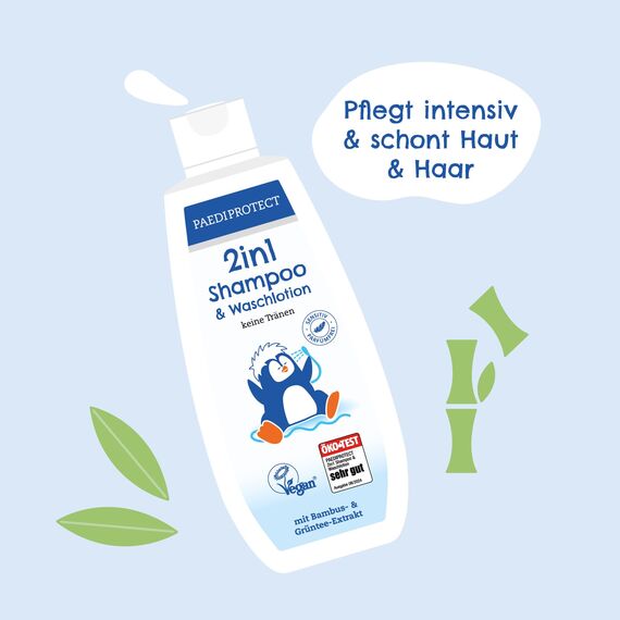 PAEDIPROTECT 2in1 Shampoo & Waschlotion für Babys & Kinder 200 ml, sanfte Reinigung & Haar ohne Parfüm & Mikroplastik, Duschgel spendet Feuchtigkeit für trockene, sensible Haut auch Erwachsene
