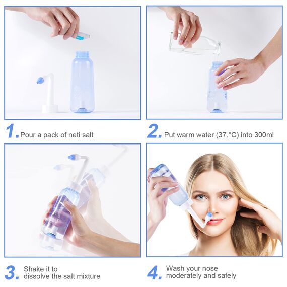 URAQT Nasendusche mit Salz, 300ml Neti Pot Sinus Spülung, mit 20x Salz,10 x Thermometer-Aufkleber, Nasenspülkanne zur Nasenreinigung und Nasenspülung, Nasenspülsalz für Erwachsene und Kinder