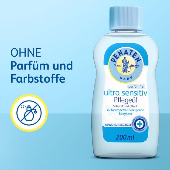 Penaten Ultra Sensitiv Pflegeöl 200 ml, schützendes Baby Massageöl und parfümfreies Babyöl für hochsensible, zu Neurodermitis neigende Babyhaut