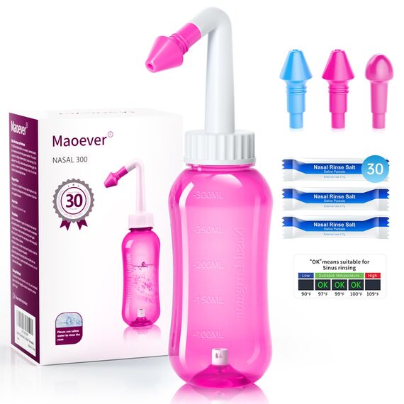 Nasendusche Set, Nasenspülkanne zur Nasenreinigung und Nasenspülung，BPA-frei, 300 ml, mit 30 Nasenwasch-Salzpaketen und Aufkleberthermometer(Rosa)