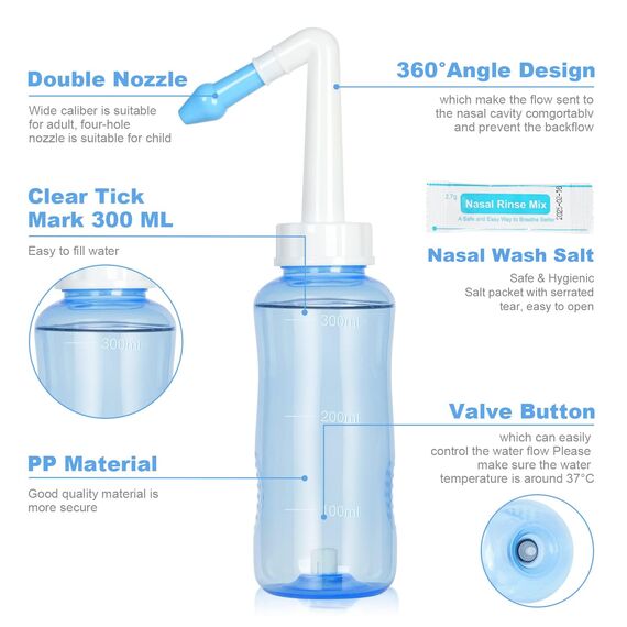 URAQT Nasendusche mit Salz, 300ml Nasenspülung Flasche mit 40 x Salz(2.7g), BPA-frei, Nasenspülkanne zur Sinus Nasenreinigung und Nasenspülung, Neti Pot Nasenspülsalz für Erwachsene und Kinder (C)