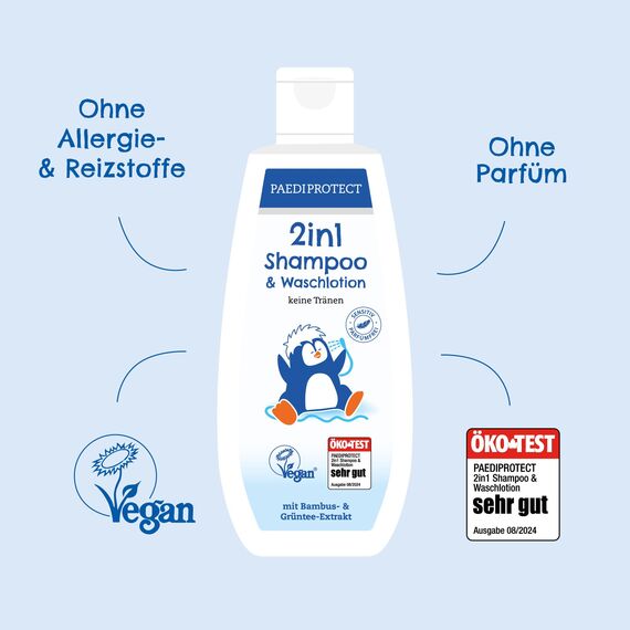 PAEDIPROTECT 2in1 Shampoo & Waschlotion für Babys & Kinder 200 ml, sanfte Reinigung & Haar ohne Parfüm & Mikroplastik, Duschgel spendet Feuchtigkeit für trockene, sensible Haut auch Erwachsene