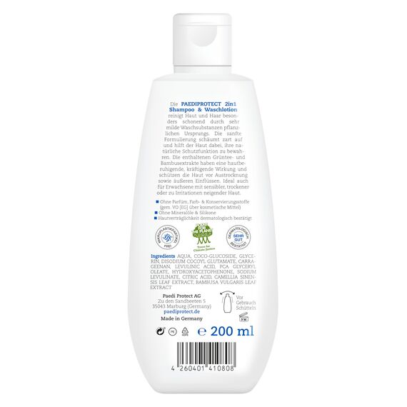 PAEDIPROTECT 2in1 Shampoo & Waschlotion für Babys & Kinder 200 ml, sanfte Reinigung & Haar ohne Parfüm & Mikroplastik, Duschgel spendet Feuchtigkeit für trockene, sensible Haut auch Erwachsene