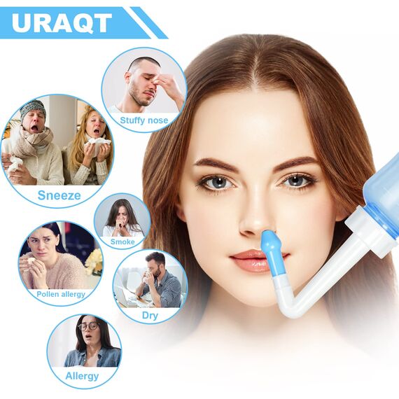URAQT Nasendusche mit Salz, 300ml Nasenspülung Flasche mit 40 x Salz(2.7g), BPA-frei, Nasenspülkanne zur Sinus Nasenreinigung und Nasenspülung, Neti Pot Nasenspülsalz für Erwachsene und Kinder (C)