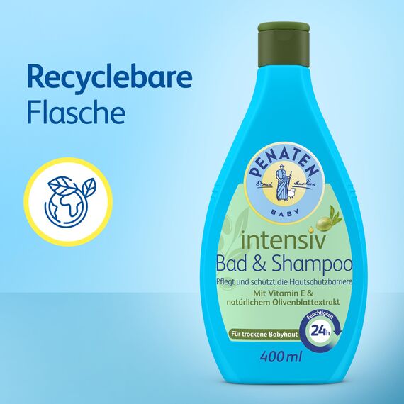 Penaten Intensiv Bad & Shampoo mildes Baby Bad & Baby Shampoo mit Vitamin E & natürlichem Olivenblattextrakt für trockene Babyhaut, 400ml