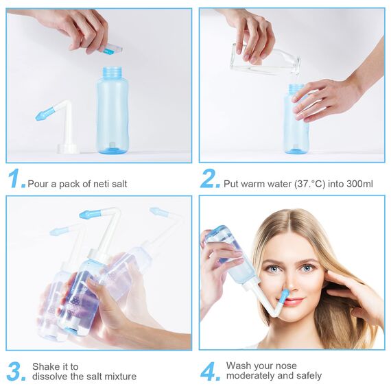 URAQT Nasendusche mit Salz, 300ml Nasenspülung Flasche mit 40 x Salz(2.7g), BPA-frei, Nasenspülkanne zur Sinus Nasenreinigung und Nasenspülung, Neti Pot Nasenspülsalz für Erwachsene und Kinder (C)