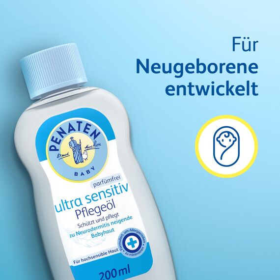 Penaten Ultra Sensitiv Pflegeöl 200 ml, schützendes Baby Massageöl und parfümfreies Babyöl für hochsensible, zu Neurodermitis neigende Babyhaut