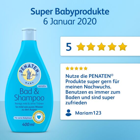 Penaten Bad & Shampoo mildes Baby Bad & Baby Shampoo formuliert ohne Parabene & Farbstoffe speziell für Neugeborene entwickelt, 400ml