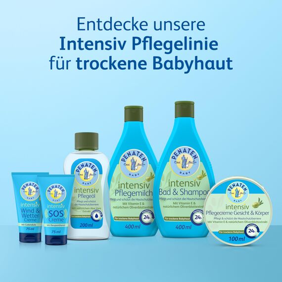 Penaten Intensiv Bad & Shampoo mildes Baby Bad & Baby Shampoo mit Vitamin E & natürlichem Olivenblattextrakt für trockene Babyhaut, 400ml