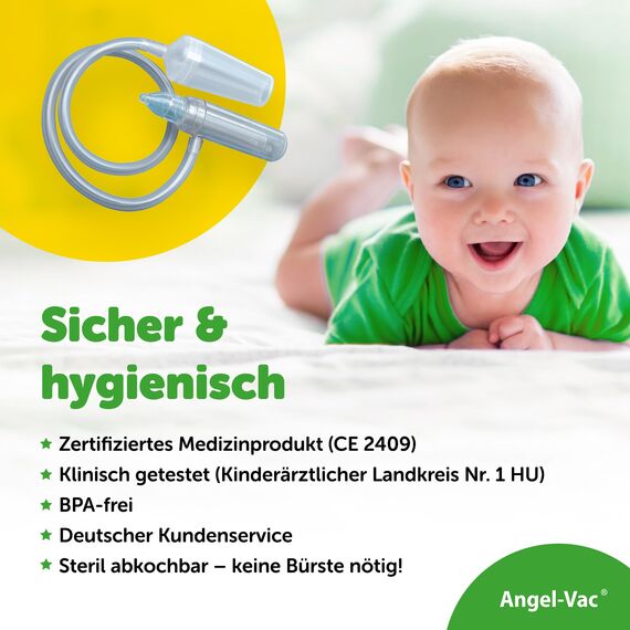 Angel-Vac® Nasensauger Baby [für Standard-Staubsauger] - Baby Nasenreiniger mit weichem Saugkopf für Kinder ab 0 Jahre - [klinisch getestet] - der Original Nasensauger für Staubsauger seit 30 Jahren