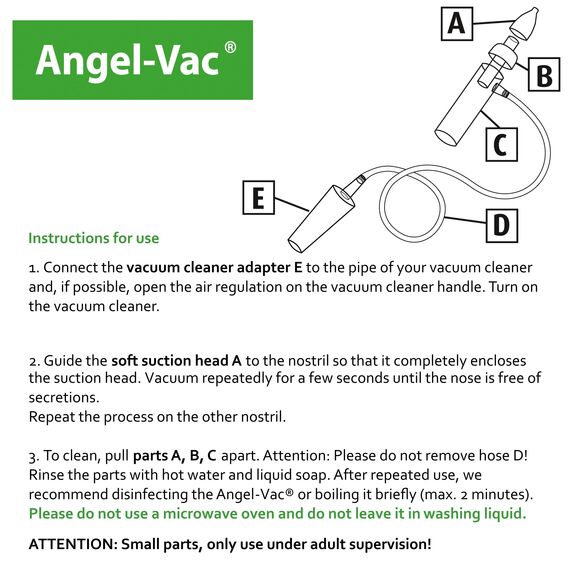 Angel-Vac® Nasensauger Baby [für Standard-Staubsauger] - Baby Nasenreiniger mit weichem Saugkopf für Kinder ab 0 Jahre - [klinisch getestet] - der Original Nasensauger für Staubsauger seit 30 Jahren