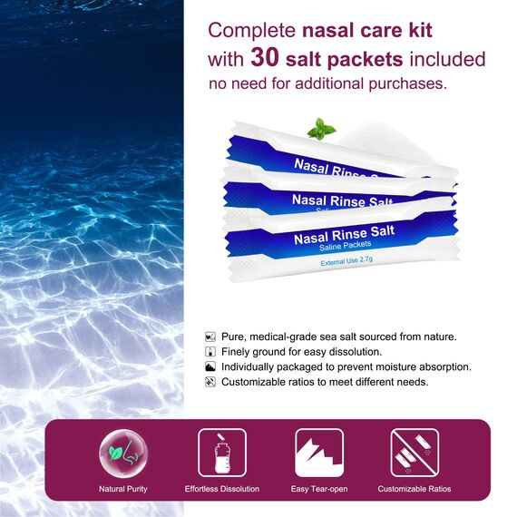 Nasendusche Set, Nasenspülkanne zur Nasenreinigung und Nasenspülung，BPA-frei, 300 ml, mit 30 Nasenwasch-Salzpaketen und Aufkleberthermometer(Rosa)