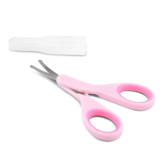 Chicco Nagelschere für Babys und Kinder, Edelstahl-Babyschere mit gebogenen Klingen und abgerundeten Spitzen, Schutzhülle, rutschfester Gummigriff - Babyzubehör für Neugeborene ab 0 Monaten, Rosa, 1 Stück (1er Pack)
