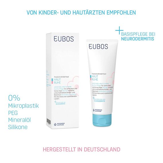 Eubos, Haut Ruhe Waschgel Haut & Haar, 125 ml, Für trockene Kinderhaut, Besonders schonend, Mit Aloe Vera & Lipiden, Basispflege bei Neurodermitis, Hautverträglichkeit dermatologisch bestätigt