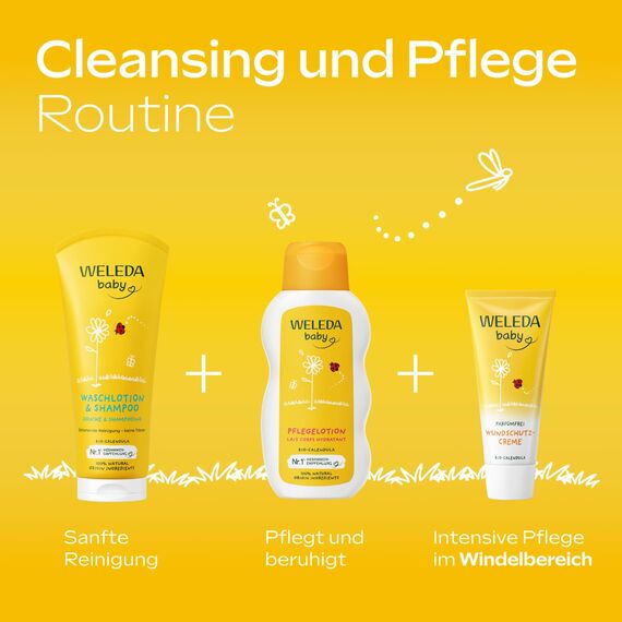 WELEDA Bio Calendula Baby XL Waschlotion & Shampoo vegan - Naturkosmetik Duschgel zur Hautpflege / Haarpflege bei Neugeborenen. Babypflege Dusche für empfindliche Haut, mild zu den Augen (1x 400ml)