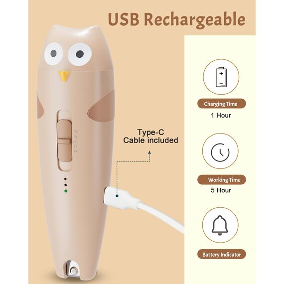 Lictin Elektrische Nagelfeile Baby, Wiederaufladbar Nagelfeile Baby, Nagelfeile Elektrisch mit Licht, Baby Nagelfeile mit 10 Schleifkopf Ersatzpads, Khaki
