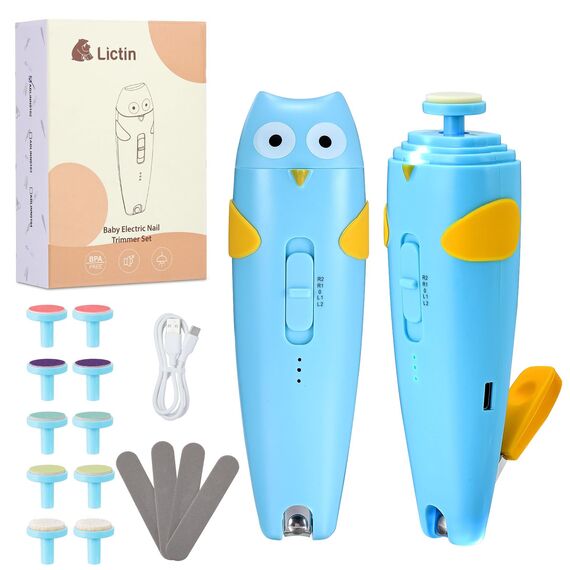 Lictin Elektrische Nagelfeile Baby, Wiederaufladbar Nagelfeile Baby, Nagelfeile Elektrisch mit Licht, Baby Nagelfeile mit 10 Schleifkopf Ersatzpads, Blau