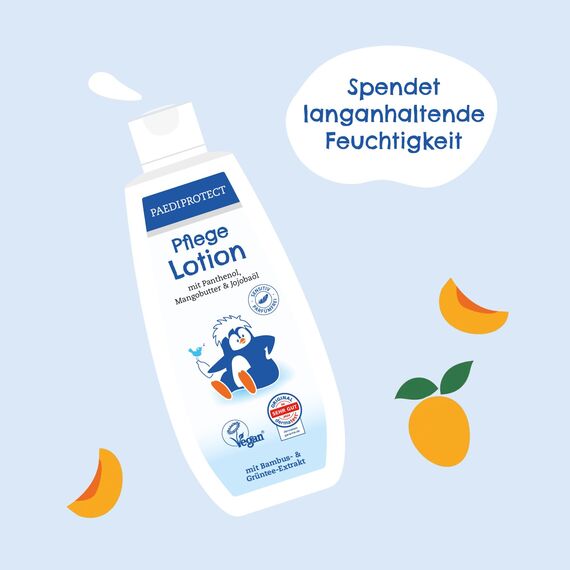 PAEDIPROTECT Pflegelotion Babys & Kinder 200 ml, Pflegelotion mit Panthenol, Feuchtigkeitspflege mit Jojobaöl & Mangobutter, für empfindliche und trockene Baby- und Kinderhaut, vegane Lotion