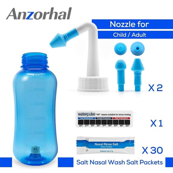 Anzorhal Nasendusche mit Salz,ForeverCover Neti Pot zum Spülen der Nase, 300 ml Neti Pot Sinus Spülung mit Beutel Nasenspülsalz und Thermometer-Aufkleber, Neti Pot Kit für Erwachsene & Kinder (30