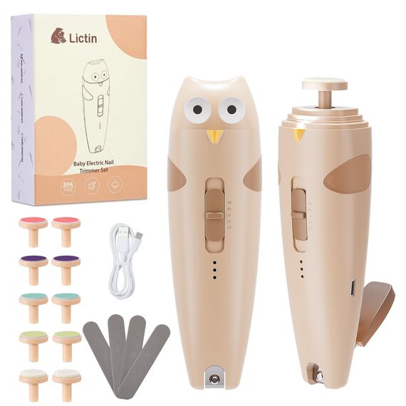 Lictin Elektrische Nagelfeile Baby, Wiederaufladbar Nagelfeile Baby, Nagelfeile Elektrisch mit Licht, Baby Nagelfeile mit 10 Schleifkopf Ersatzpads, Khaki