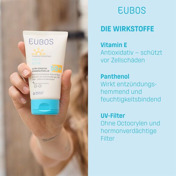 EUBOS | HAUT RUHE ULTRA SENSITIVE SONNENLOTION LSF 50+ – Wasserfest, Korallenfreundlich, Ohne Emulgatoren | Für Kinder & Babyhaut | Schützt vor UV-Strahlen & Irritationen | 150ml
