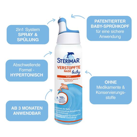 Stérimar Meerwasser Nasenspray, 100% natürliches Meerwasser, 2 in 1 Spray und Spülung, für Babys und Kinder ab 3 Monaten, 50 ml, 150 Sprühstöße