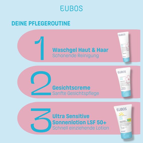 EUBOS | HAUT RUHE ULTRA SENSITIVE SONNENLOTION LSF 50+ – Wasserfest, Korallenfreundlich, Ohne Emulgatoren | Für Kinder & Babyhaut | Schützt vor UV-Strahlen & Irritationen | 150ml