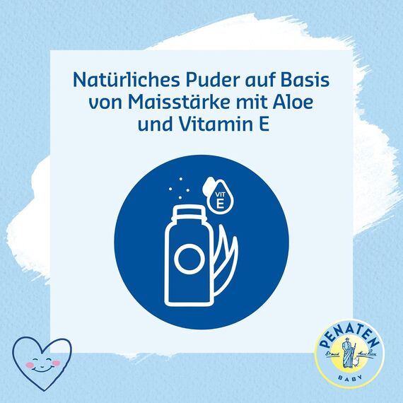 Penaten natürliches Baby Puder mit Aloe & VitaminE(1x 100g)- Schützt empfindliche Haut, nimmt Feuchtigkeit auf & hält die Haut trocken- Dermatologisch bestätigt-99% Inhaltsstoffe natürlichen Ursprungs