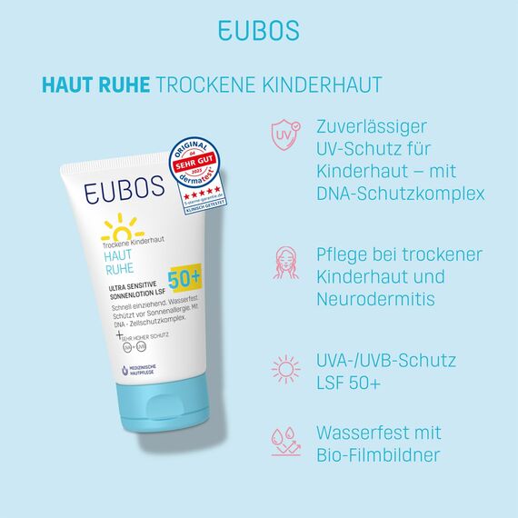 EUBOS | HAUT RUHE ULTRA SENSITIVE SONNENLOTION LSF 50+ – Wasserfest, Korallenfreundlich, Ohne Emulgatoren | Für Kinder & Babyhaut | Schützt vor UV-Strahlen & Irritationen | 150ml