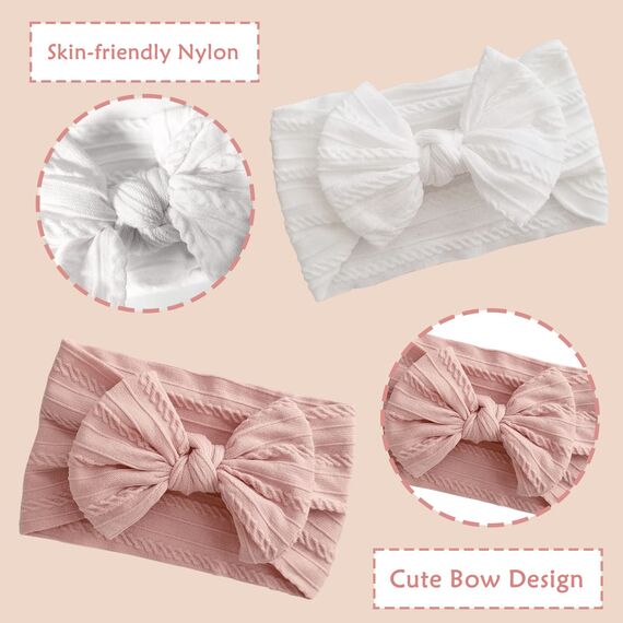 2 Stück Baby Turban Stirnband Baby Mädchen Nylon Stirnbänder Baby Schleife Stirnband Weiche Schleife Kopfbedeckung Elastische Haarbänder für Neugeborene, Kleinkinder (Rosa und Weiß)