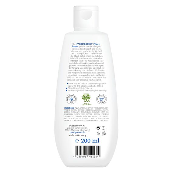 PAEDIPROTECT Pflegelotion Babys & Kinder 200 ml, Pflegelotion mit Panthenol, Feuchtigkeitspflege mit Jojobaöl & Mangobutter, für empfindliche und trockene Baby- und Kinderhaut, vegane Lotion