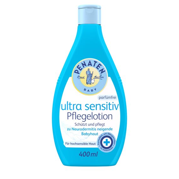 PENATEN Ultra Sensitiv Pflegelotion parfümfrei 400ml, ohne Farbstoffe formulierte Baby Bodylotion für die Pflege zu Neurodermitis neigender Babyhaut, Körperlotion speziell für Neugeborene entwickelt