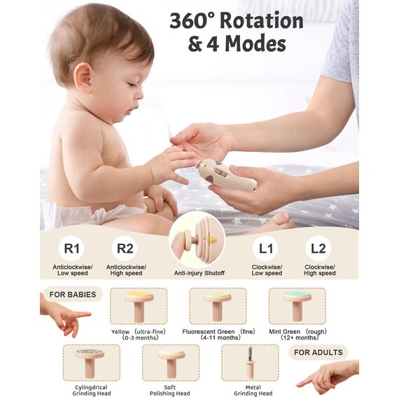 Lictin Baby Nagelfeile Elektrisch, Elektrische Nagelfeile Baby mit 6 Schleifkopf und LED Licht, Baby Erstausstattung Neugeborene, USB Laden, Braun